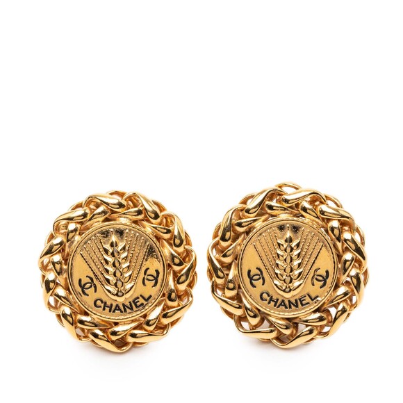 Pre-Loved Chanel CC Gold Plated Wheat Medallion Clip On Earrings